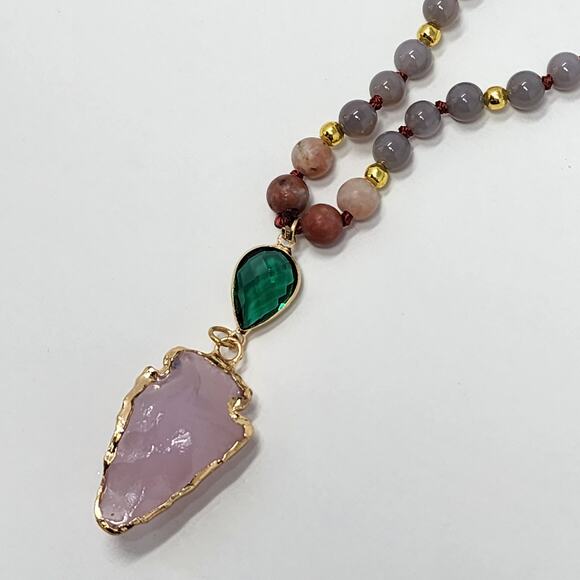 Changing Directions Beaded Rose Quartz Arrowhead Necklace - Picture 3 of 9